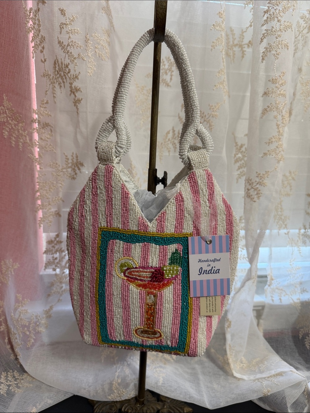 Made in India pink and white striped martini beaded handle bag